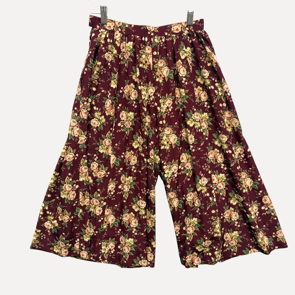 VINTAGE Floral Burgundy Gaucho Pants Flowy Wide Leg Palazzo Pant Size S